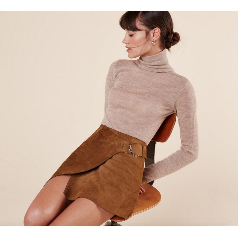 Reformation Asymmetrical Suede Wrap Mini Skirt Nutmeg 2
